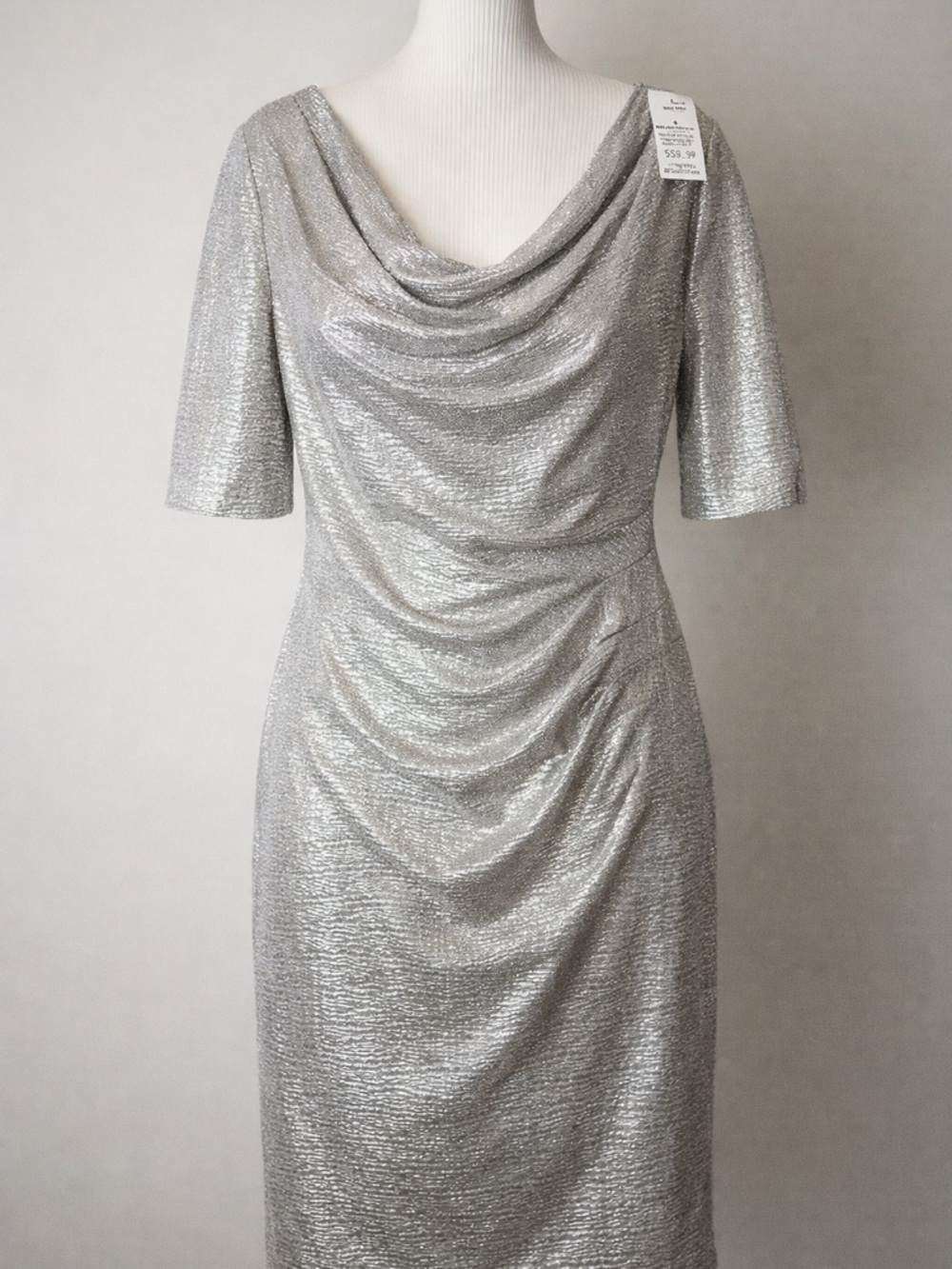 Anne Klein Silver Metallic Cowl-Neck Midi Dress